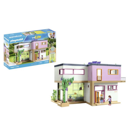 Playmobil Modernes Haus Set: Zweistöckiges Haus und zwei Figuren vor dem Haus, Verpackung im Hintergrund.