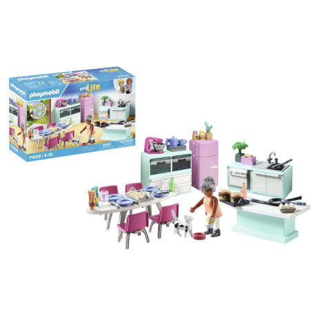Playmobil-Küchenset mit Figuren, Möbeln, Geräten sowie Verpackung im Hintergrund.