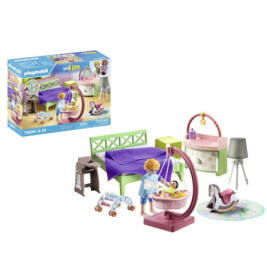 Playmobil-Schlafzimmer-Set mit Figuren, Möbeln und Zubehör neben der Verpackung.