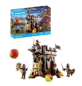 Playmobil Novelmore Set mit Rittern, Burg, feuerspeienden Geschossen und Verpackung im Hintergrund.
