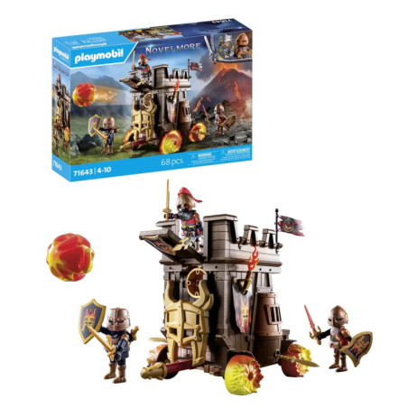 Playmobil Novelmore Set mit Rittern, Burg, feuerspeienden Geschossen und Verpackung im Hintergrund.
