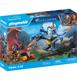 Playmobil Novelmore Box mit Rittern, die in einer Fantasielandschaft gegen einen blauen Drachen kämpfen.