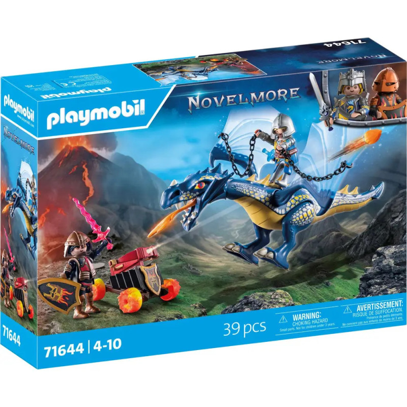 Playmobil Novelmore Box mit Rittern, die in einer Fantasielandschaft gegen einen blauen Drachen kämpfen.