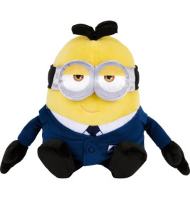 Minion-Plüschtier im blauen Anzug mit schwarzen Handschuhen und silberner Brille, sitzt leicht lächelnd.