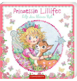 Illustration: Ein Feenmädchen umarmt einen Rehkitz, umgeben von Blumen, Schmetterlingen und einem Zauberstab.