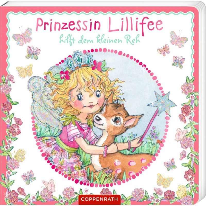 Illustration: Ein Feenmädchen umarmt einen Rehkitz, umgeben von Blumen, Schmetterlingen und einem Zauberstab.