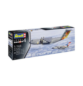 Revell Level 4 Air Defender Set mit Airbus A400M und Tornado Modellflugzeugen auf der Box im Flug abgebildet.