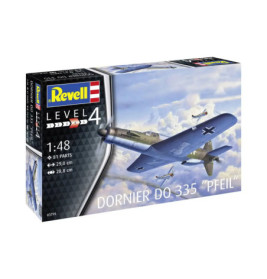 Revell Level 4 Dornier DO 335 Pfeil Bausatz mit Abbildung eines deutschen WWII-Flugzeugs im Flug auf dem Karton.