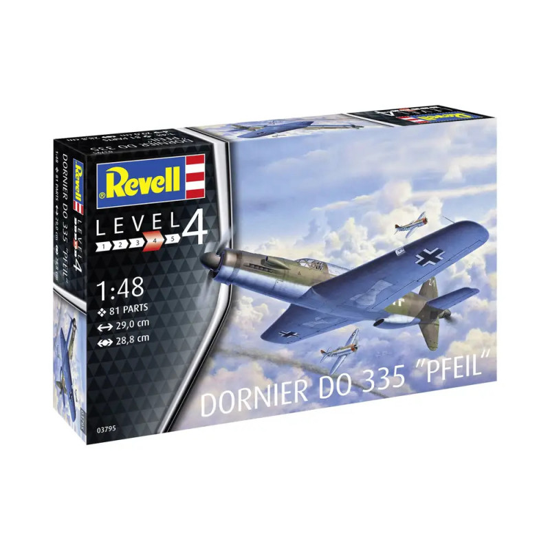 Revell Level 4 Dornier DO 335 Pfeil Bausatz mit Abbildung eines deutschen WWII-Flugzeugs im Flug auf dem Karton. Revell Level 4 Dornier DO 335 Pfeil Bausatz mit Abbildung eines deutschen WWII-Flugzeugs im Flug auf dem Karton.
