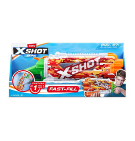 Zuru X-Shot Fast-Fill Wasserblaster in Verpackung mit rotem Camouflage-Design, sprüht Wasser.