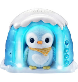 Blauer Plüschpinguin mit gelbem Schal sitzt in einem leuchtend blauen Iglu-Nachtlicht mit Tasten.