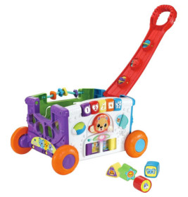 Bunter Baby-Lauflernwagen mit Griff, Rädern, Perlen, Bausteinen und interaktiven Tiermotiven.