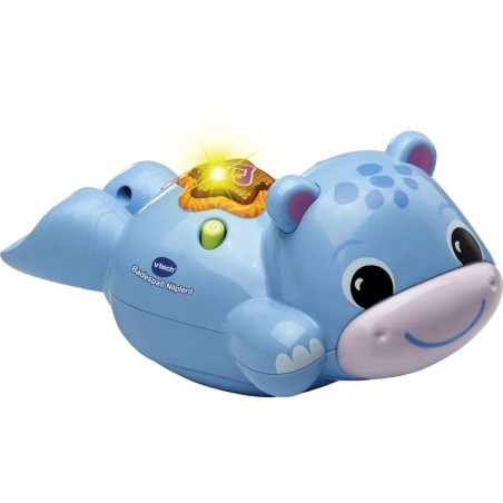 Blaues Nilpferd-Spielzeug mit lächelndem Gesicht, leuchtender gelber Taste und kinderfreundlichem Design.