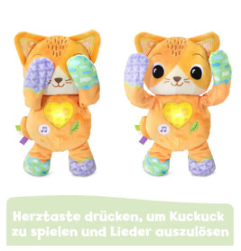 Zwei orange Plüschkatzen mit leuchtenden Herzknöpfen, erhobenen Armen und Notensymbolen auf dem Bauch.