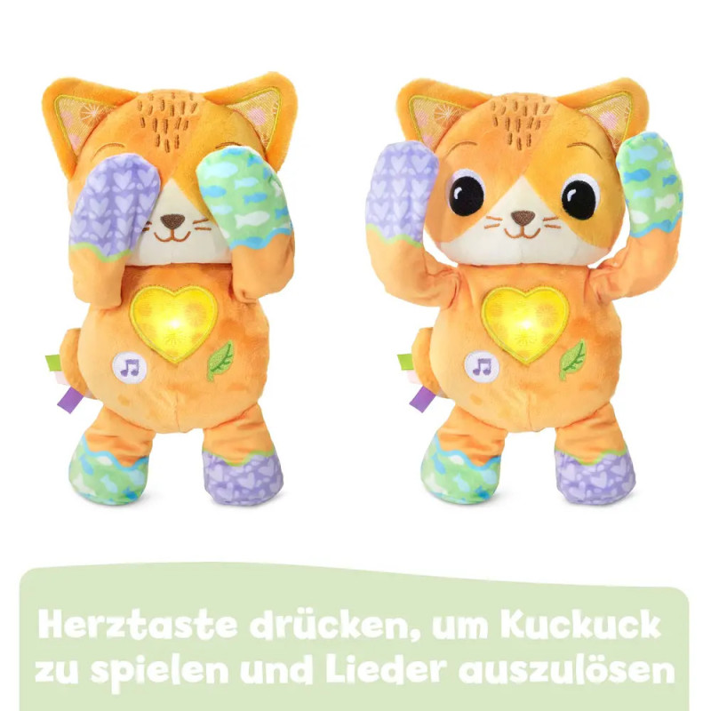 Zwei orange Plüschkatzen mit leuchtenden Herzknöpfen, erhobenen Armen und Notensymbolen auf dem Bauch.