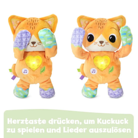 Zwei orange Plüschkatzen mit leuchtenden Herzknöpfen, erhobenen Armen und Notensymbolen auf dem Bauch.