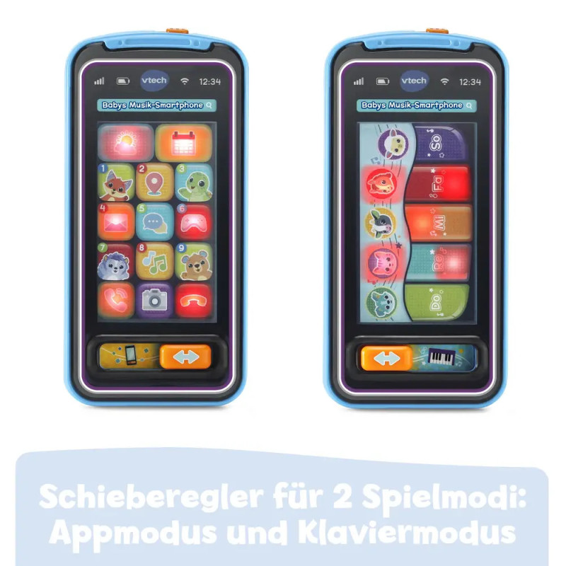 Zwei Spielzeug-Smartphones zeigen bunte Symbole eines im App-, das andere im Piano-Modus, mit deutschem Text darunter.