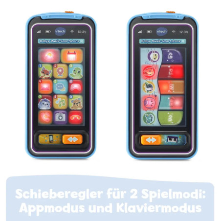 Zwei Spielzeug-Smartphones zeigen bunte Symbole eines im App-, das andere im Piano-Modus, mit deutschem Text darunter.