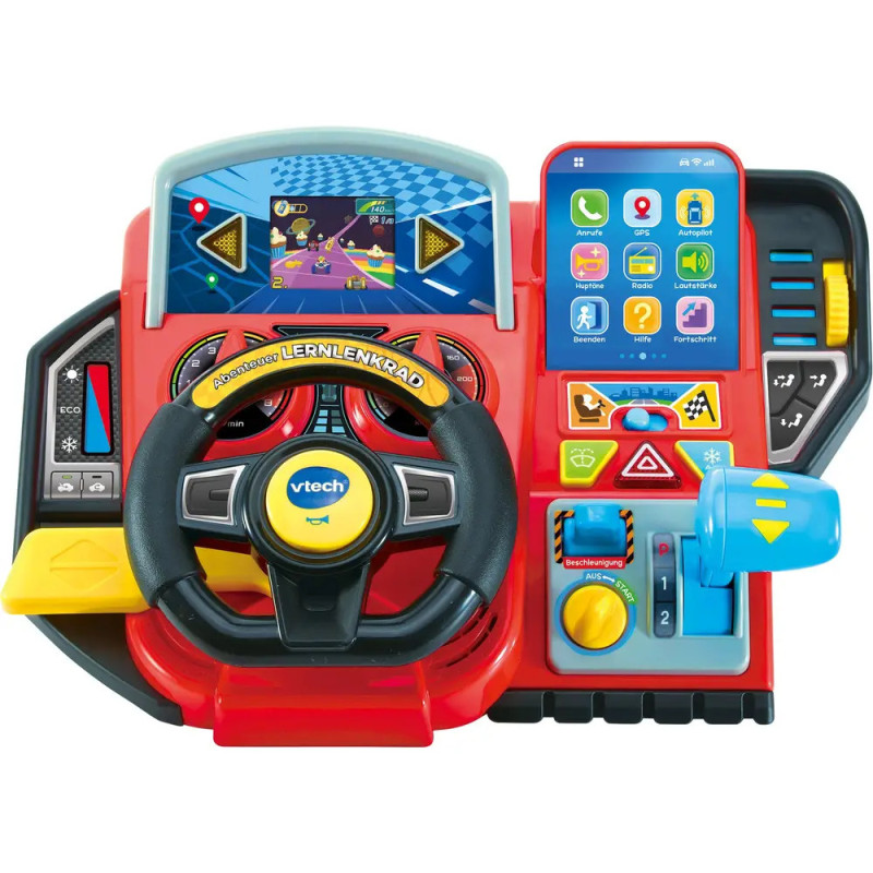Armaturenbrett eines Spielzeugautos mit Lenkrad, Schalthebel, Knöpfen und Bildschirm mit Rennspiel. Armaturenbrett eines Spielzeugautos mit Lenkrad, Schalthebel, Knöpfen und Bildschirm mit Rennspiel.