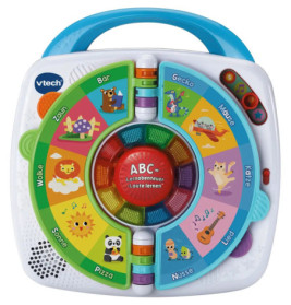 Buntes VTech-Spielzeug mit Tier- und Objektsymbolen im Kreis, deutsch beschriftet, blauer Griff oben.