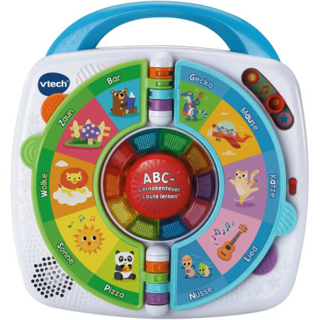 Buntes VTech-Spielzeug mit Tier- und Objektsymbolen im Kreis, deutsch beschriftet, blauer Griff oben.