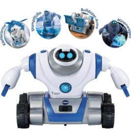 Weiß-blauer Spielzeugroboter mit Kettenlaufwerk und drei austauschbaren Armaufsätzen.