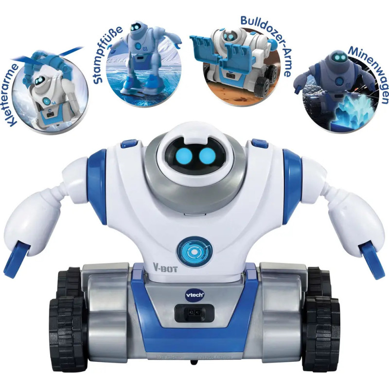 Weiß-blauer Spielzeugroboter mit Kettenlaufwerk und drei austauschbaren Armaufsätzen.