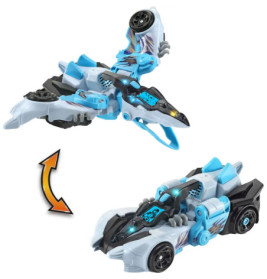 Ein blau-schwarzes Spielzeugauto verwandelt sich mit orangem Pfeil in ein futuristisches Flugfahrzeug.