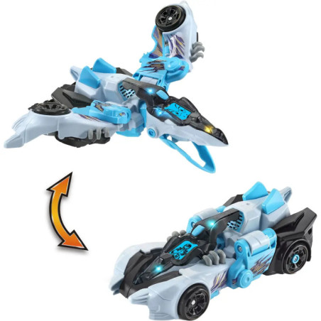 Ein blau-schwarzes Spielzeugauto verwandelt sich mit orangem Pfeil in ein futuristisches Flugfahrzeug.