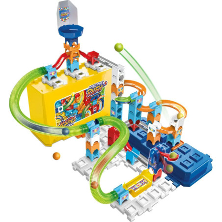 Buntes Murmelbahn-Set mit Röhren, Rampen, Hebeln und gelber Box. Grüne und gelbe Murmeln rollen los.