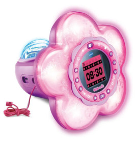 Rosa, blumenförmiger Kinderwecker mit Digitalanzeige und Leuchteffekten, Marke Kidimagic.