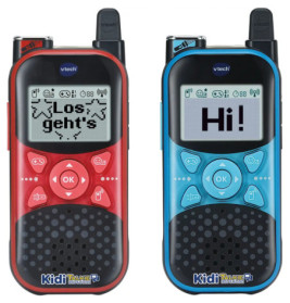 Zwei Spielzeug-Walkie-Talkies, rot und blau, mit Los gehts und Hi! auf den Displays.