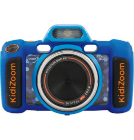 Blaue VTech Kidizoom Duo FX Kinderkamera mit orangefarbenen Akzenten und großem zentralen Objektiv.