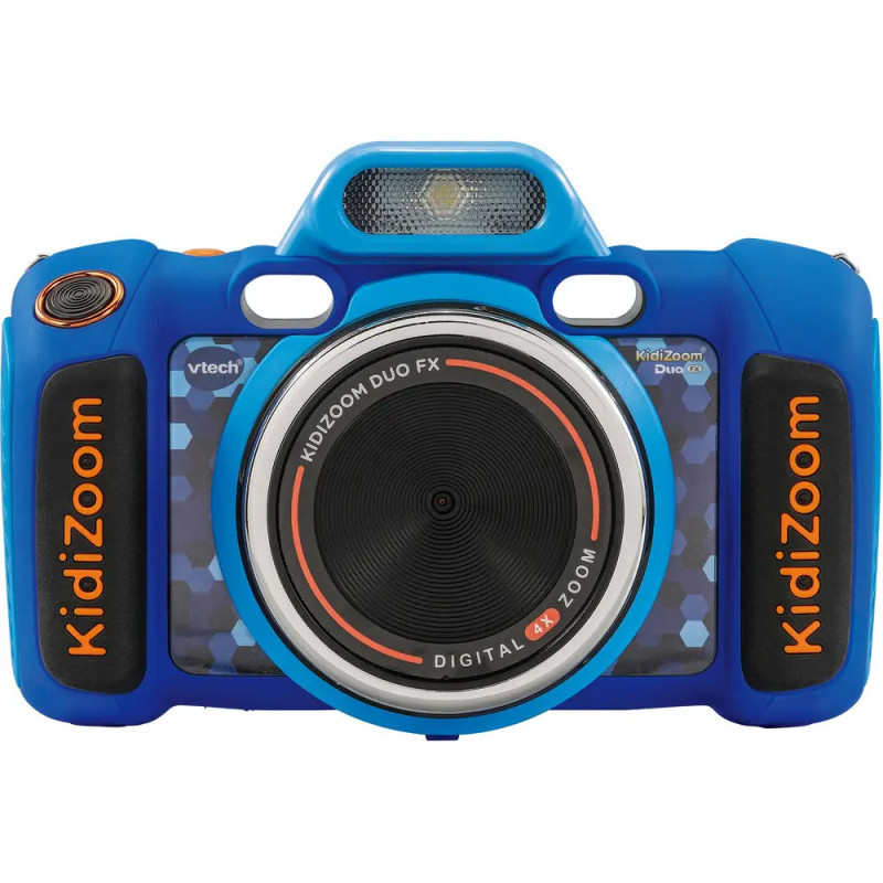 Blaue VTech Kidizoom Duo FX Kinderkamera mit orangefarbenen Akzenten und großem zentralen Objektiv. Blaue VTech Kidizoom Duo FX Kinderkamera mit orangefarbenen Akzenten und großem zentralen Objektiv.