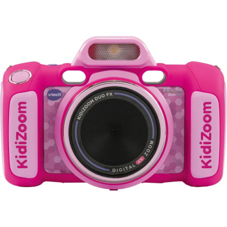 Pinkfarbene VTech Kidizoom Duo FX Kinderkamera mit großem Objektiv und Kidizoom-Logo auf der Vorderseite.