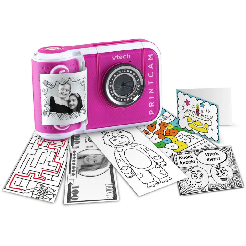 Pinkfarbene VTech PrintCam mit ausgedruckten Schwarzweißfotos und Malblättern rundherum.