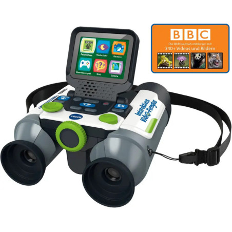 Digitale Kinderferngläser mit Klappbildschirm, Tasten, App-Symbolen und abnehmbarem Nackengurt.