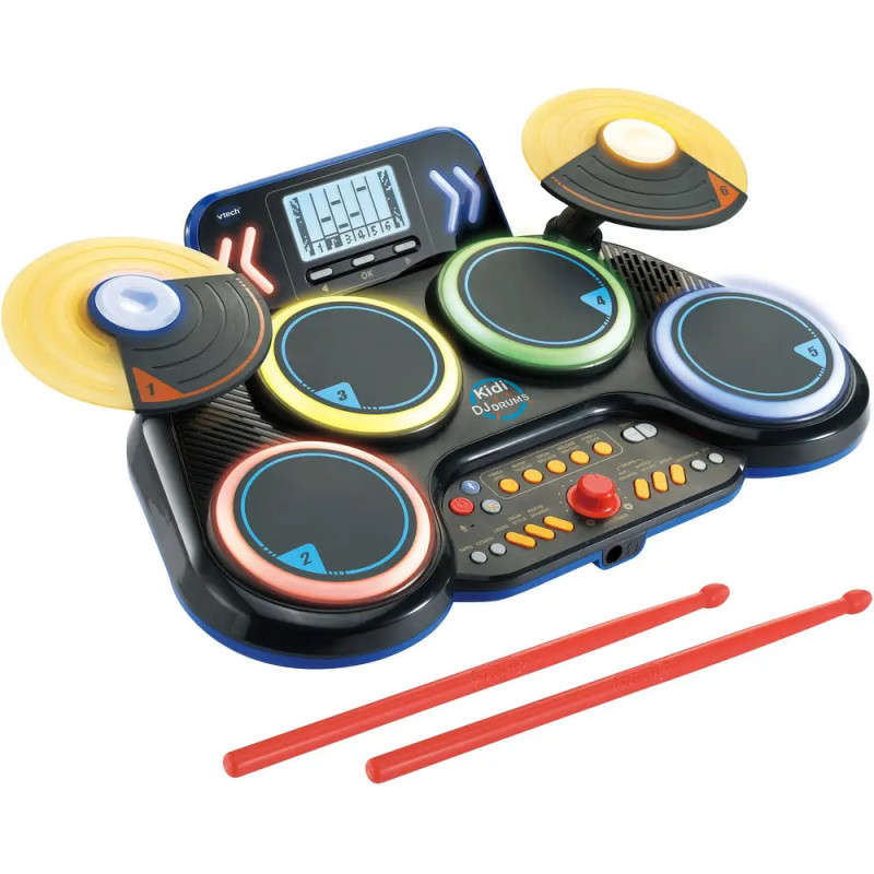 Elektronisches Kinderschlagzeug mit bunten Pads, zwei Becken, Bedienfeld und zwei roten Drumsticks.