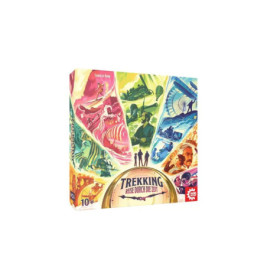 Brettspielbox Buntes Trekking: Reise durch die Zeit mit historischen Illustrationen, Silhouetten und prägnanter Schrift.