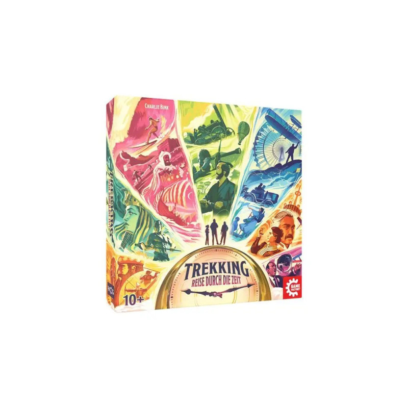 Brettspielbox Buntes Trekking: Reise durch die Zeit mit historischen Illustrationen, Silhouetten und prägnanter Schrift.
