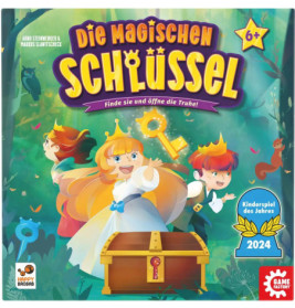 Buntes Brettspielcover mit zwei Kindern und einer Prinzessin neben einer Schatztruhe, über der magische Schlüssel schweben.