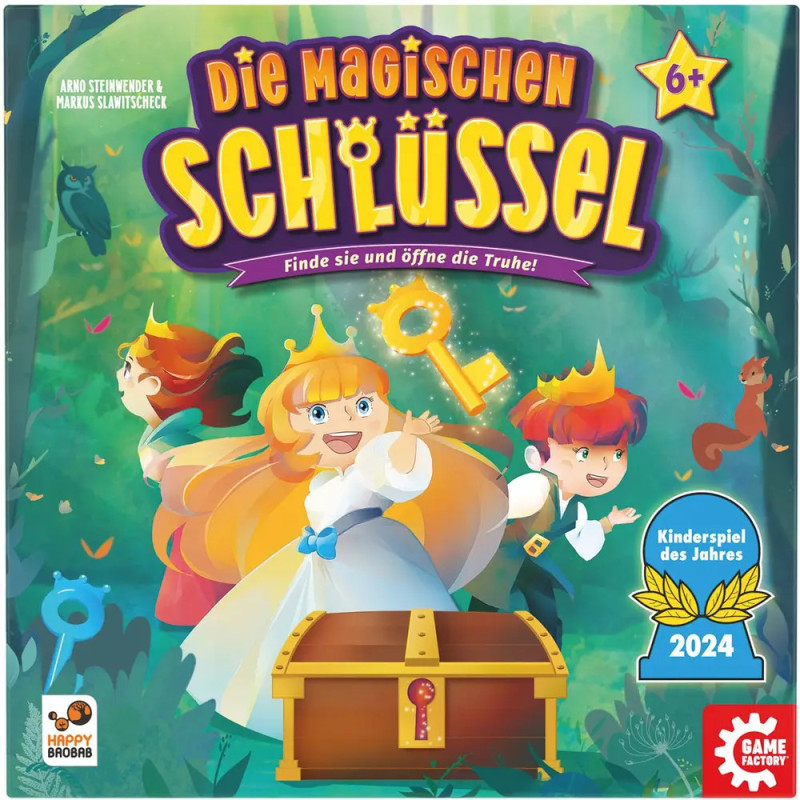 Buntes Brettspielcover mit zwei Kindern und einer Prinzessin neben einer Schatztruhe, über der magische Schlüssel schweben. Buntes Brettspielcover mit zwei Kindern und einer Prinzessin neben einer Schatztruhe, über der magische Schlüssel schweben.