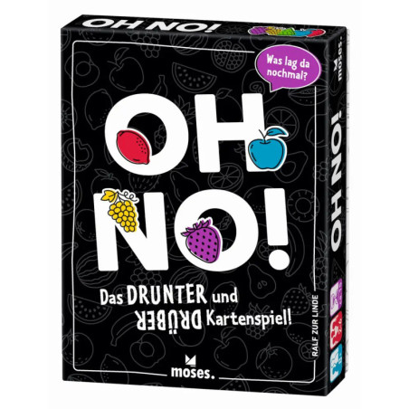 Schwarze Spielkartenbox mit OH NO! in großen Buchstaben und bunten Fruchtmotiven auf der Vorderseite.