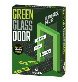 Spielbox Green Glass Door mit deutschem Text und Wortkarten wie Giraffe, Hase und Schlange.