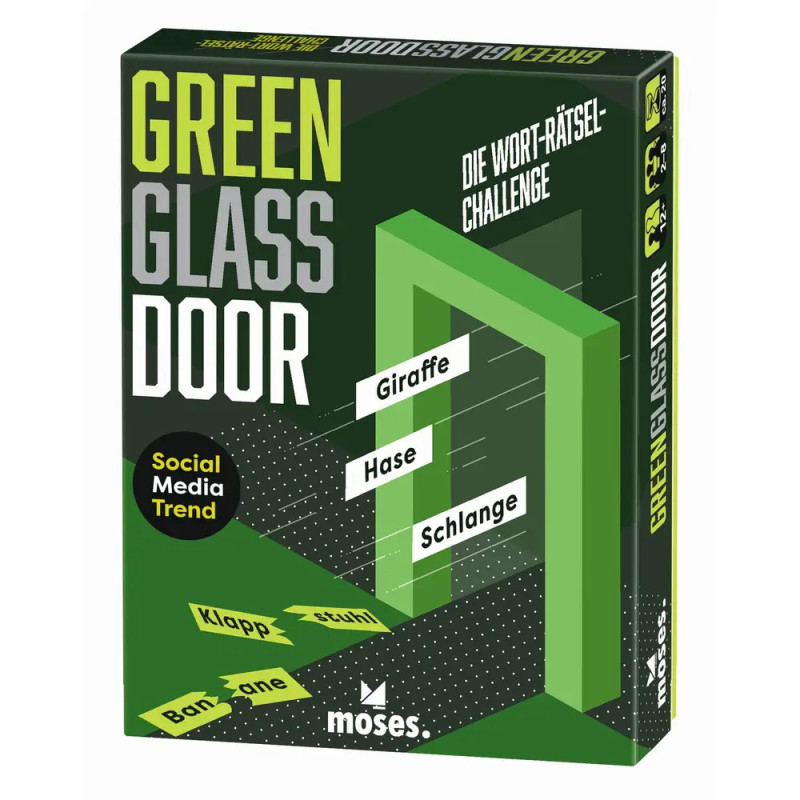 Spielbox Green Glass Door mit deutschem Text und Wortkarten wie Giraffe, Hase und Schlange.