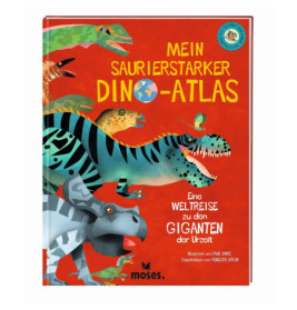 Buntes deutsches Kinderbuchcover mit Dinosaurier-Illustrationen vor rotem Hintergrund.