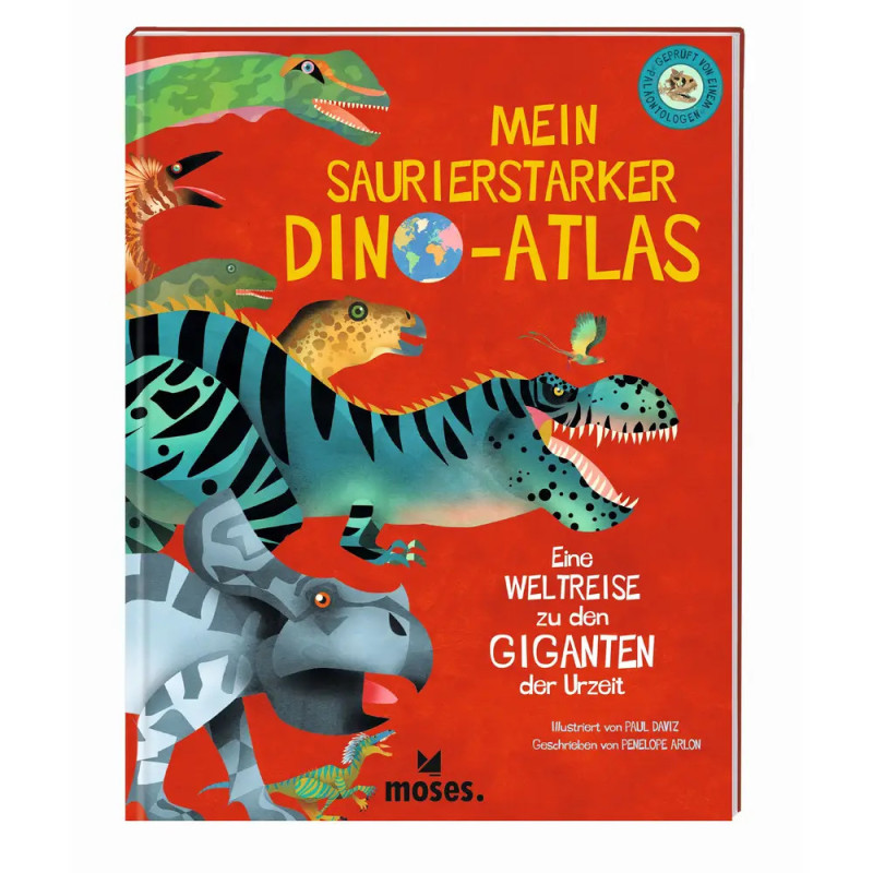 Buntes deutsches Kinderbuchcover mit Dinosaurier-Illustrationen vor rotem Hintergrund.
