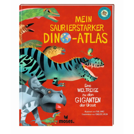Buntes deutsches Kinderbuchcover mit Dinosaurier-Illustrationen vor rotem Hintergrund.