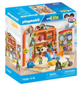 Playmobil myLife Kunststudio-Set mit 78 Teilen: Box zeigt bunte Figuren, Malutensilien und bemalte Wand.
