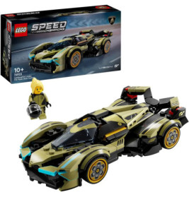 LEGO Speed Champions Lamborghini Vision GT Set mit Auto, Minifigur und Verpackung im Hintergrund.
